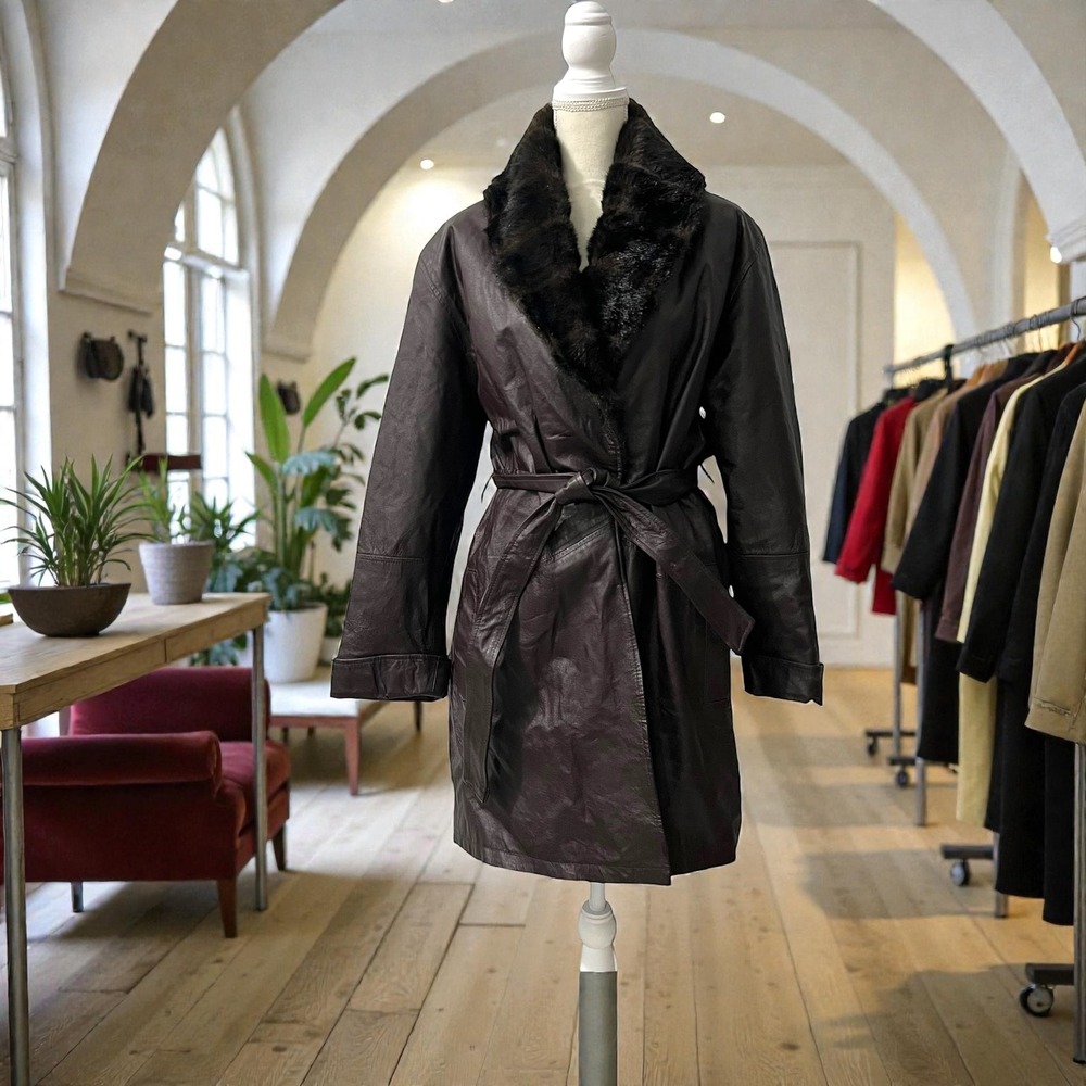 Excelled‎ Genuine Leather Coat Faux Fur Collar Belted Brown Trench Medium